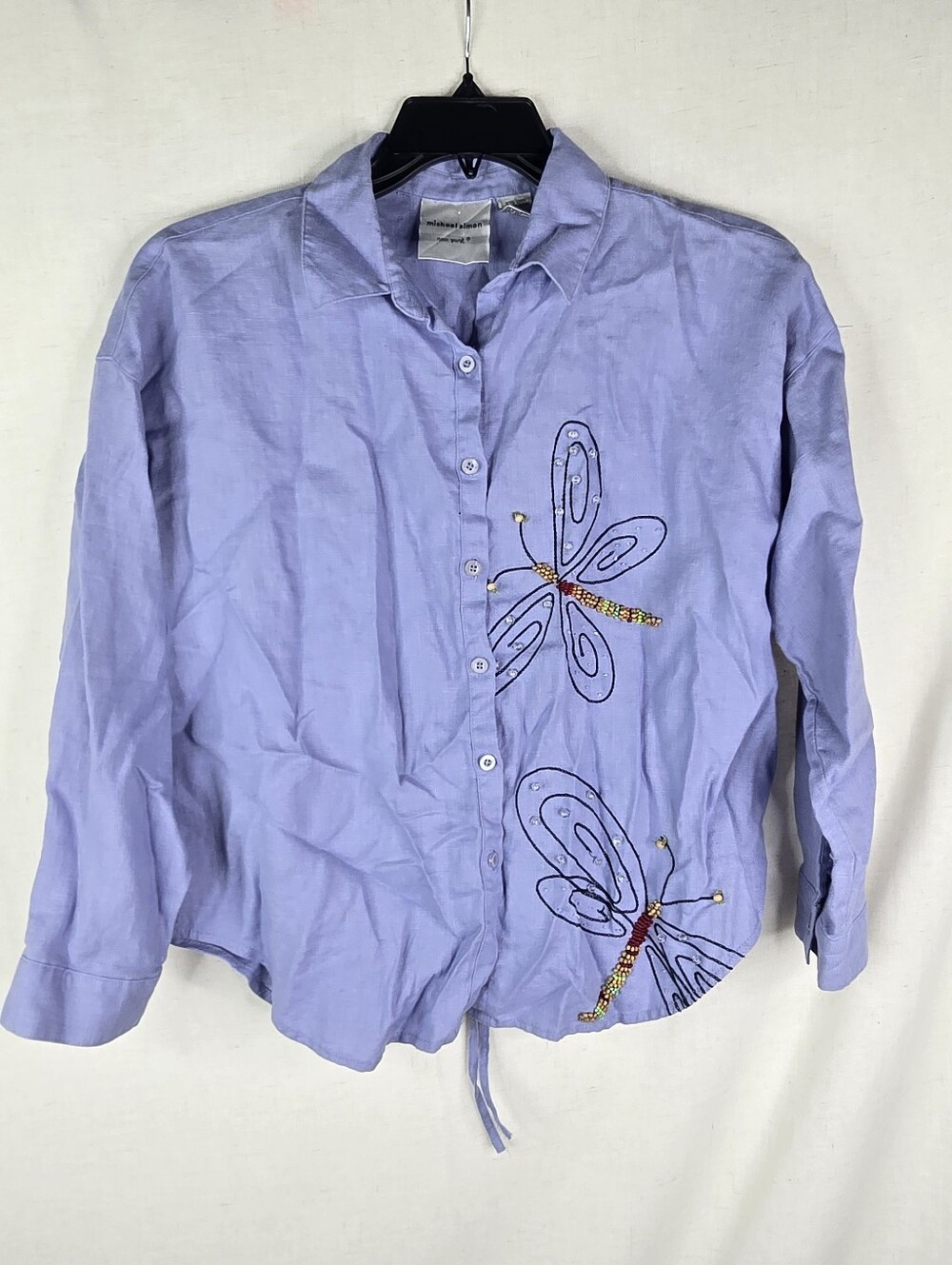 Michael Simon Womens Small 100% Linen Blue Button Up Beaded Dragon Fly Shirt